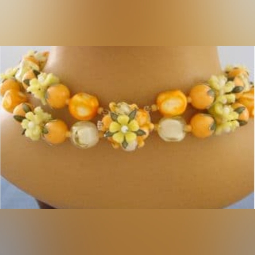 1960's Lemon Floral Orange Green Choker Necklace - Women Jewelry